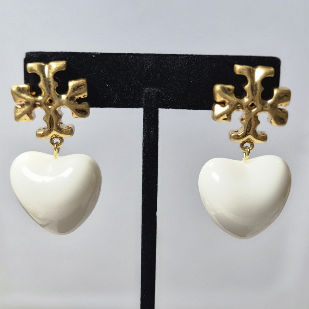 Tory Burch Gold and Cream Heart Earrings